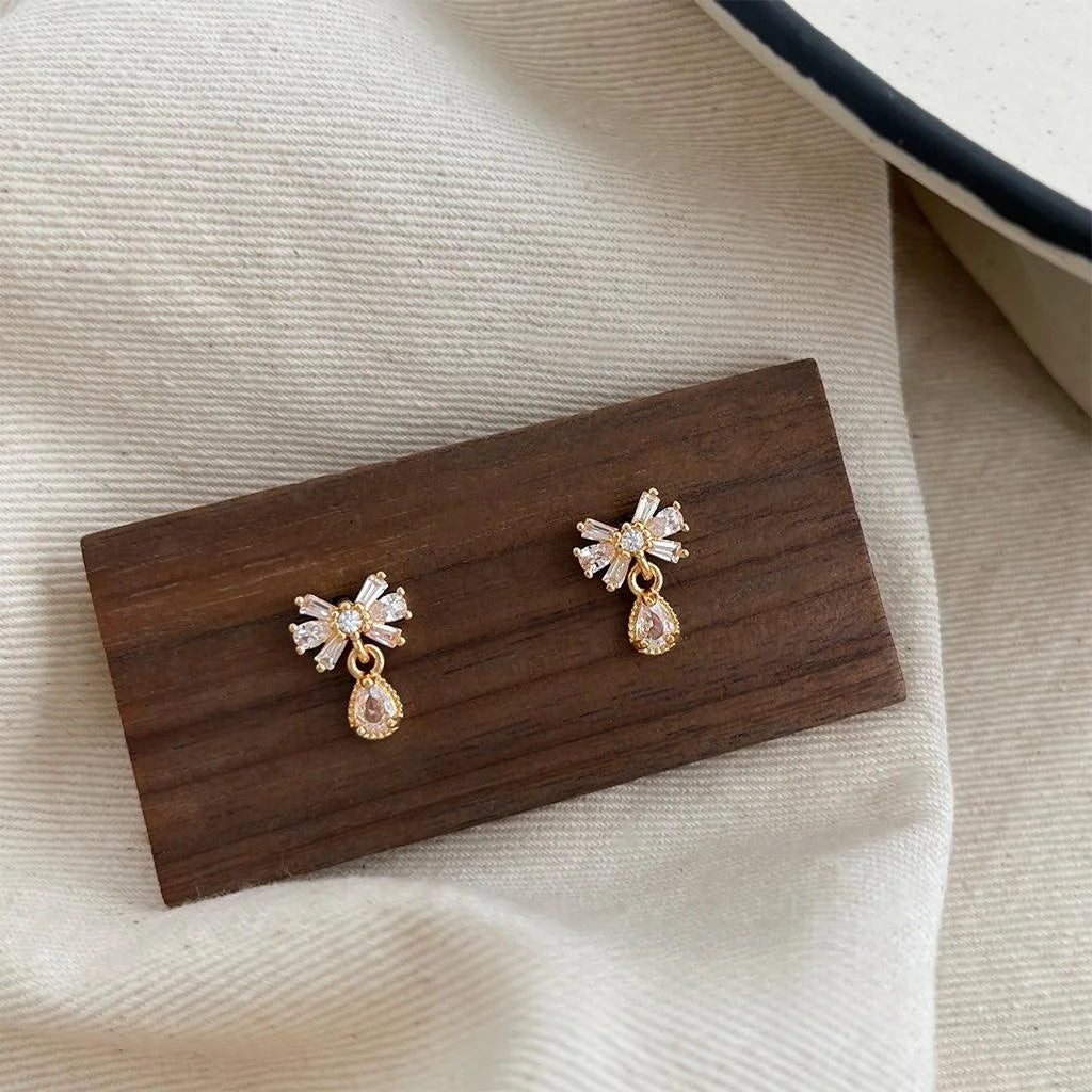 14K Gold Plated Copper Micro Pave Zircon Bowknot Water Drop Stud Earrings For Women