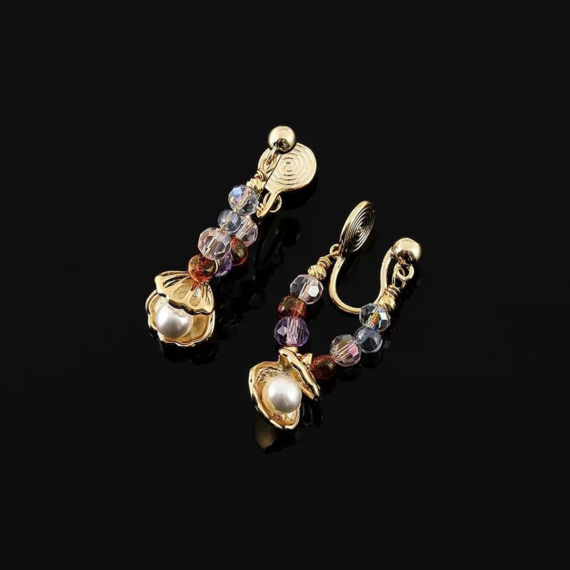 Elegant Colorful Crystal Beaded Hoop With Shell Pearl Pendant Stud & Clip On No Piercing Earrings