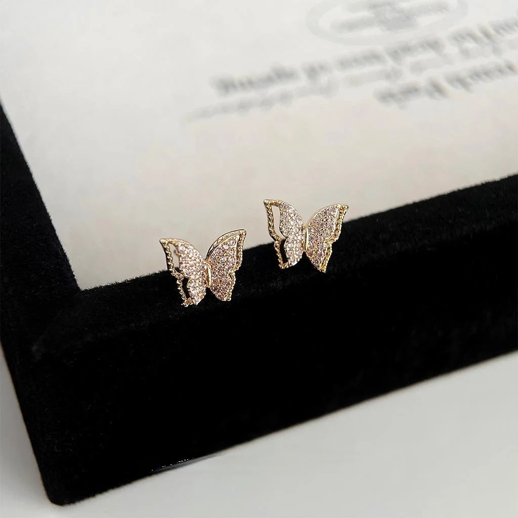 Copper Micro Pave Zircon 3D Butterfly Stud Earrings French Vintage Hollow Out Mini Sweet Jewelry