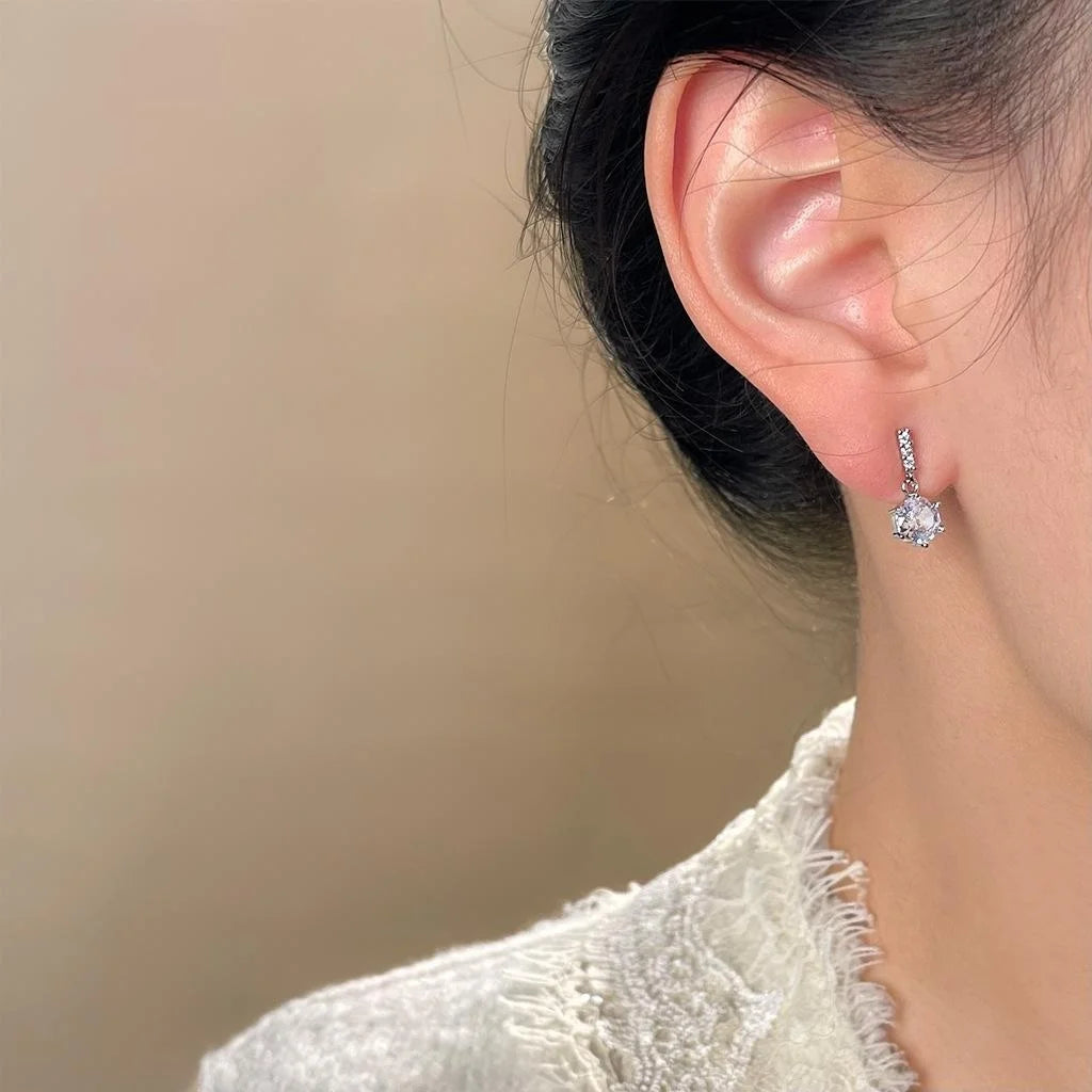 Light Luxury Geometric Round Zircon Micro Pave Silver Plated Pin Drop Earrings For Women