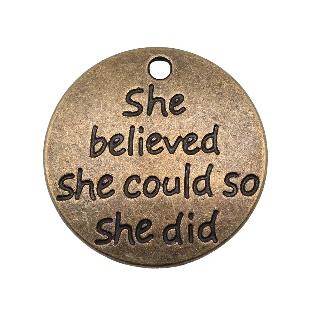 22mm 2.5g Zinc Alloy She Believed She Could So She Did Quote Letter Charm Pendant for DIY Bracelet
