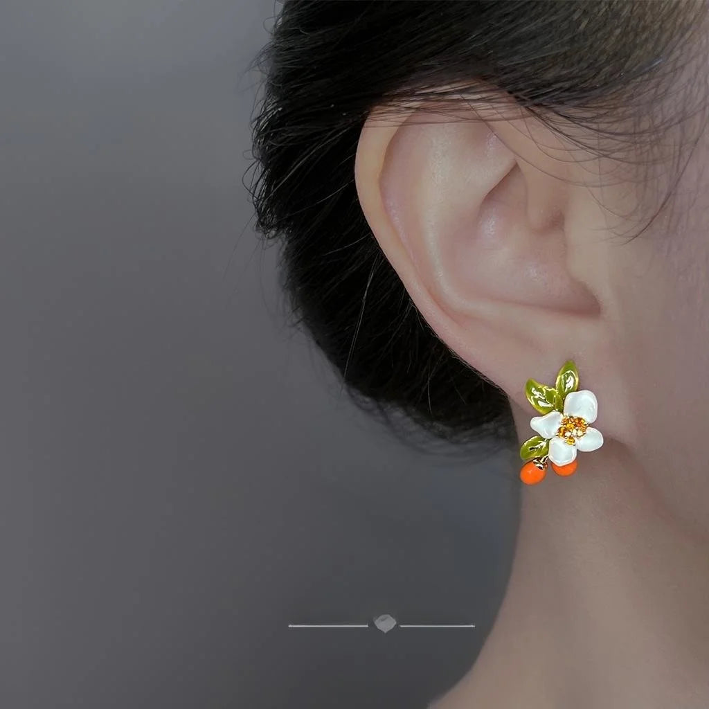 Pastoral Style Enamel Flower Stud Earrings Copper Zircon Silver Plated Designer Jewelry