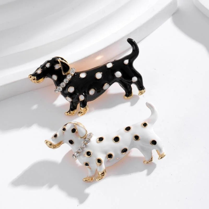 Cute Spotted Dachshund Dog Enamel Brooch With Rhinestone Collar, Elegant Lapel Pin Corsage Gift