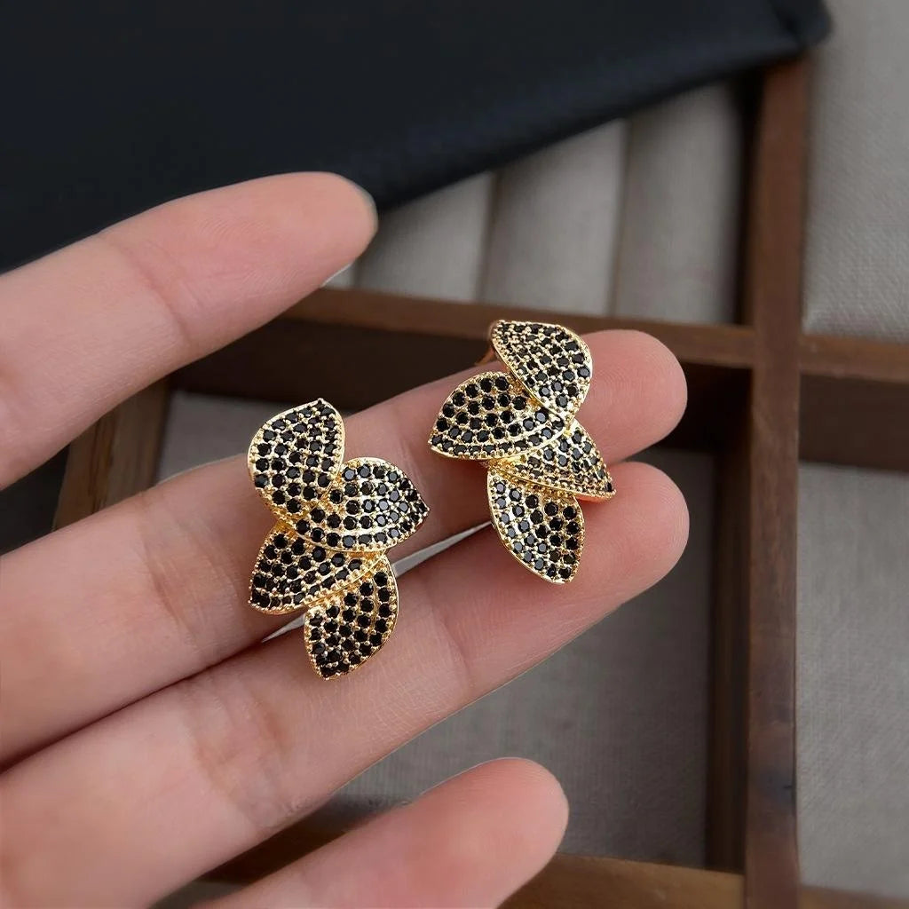 14K Gold Plated Copper Leaf Stud Earrings, Micro Pave Zircon Light Luxury Jewelry