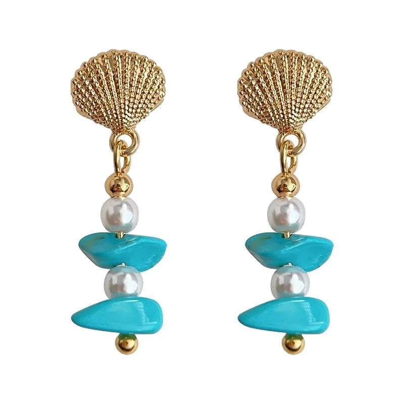Original Designer Synthetic Turquoise Beaded Shell Pearl Eco Copper Boho Drop Earrings