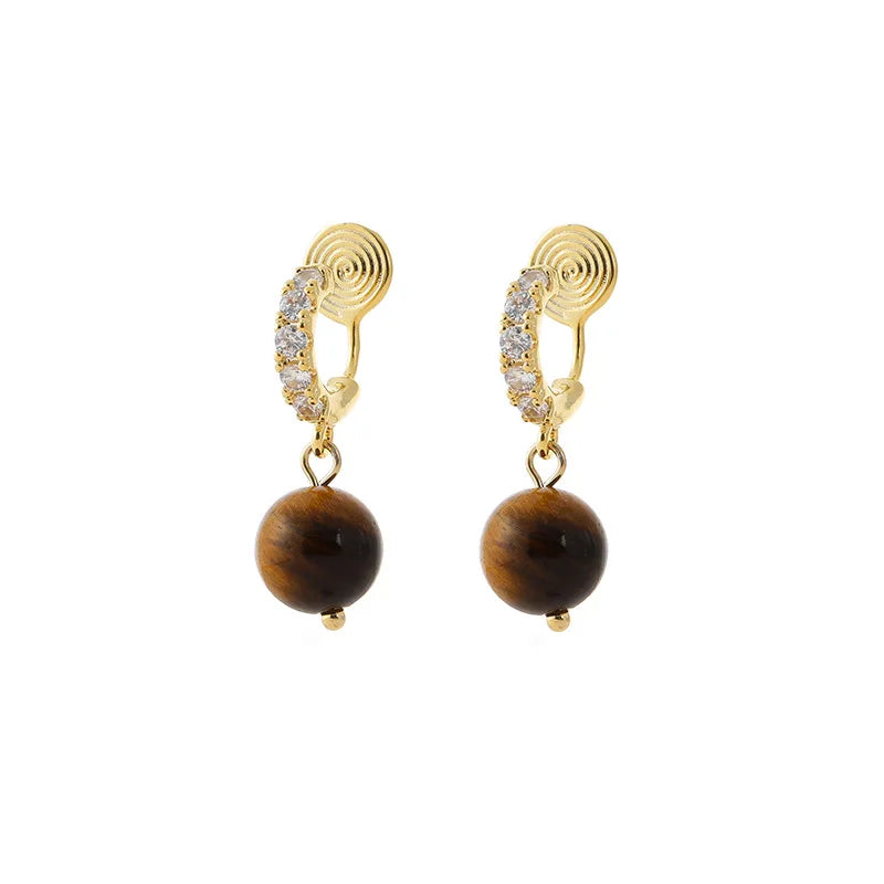 Vintage Tiger Eye Stone Bead Dangle Stud & Clip On No Piercing Zircon Spiral Disc Luxury Earrings