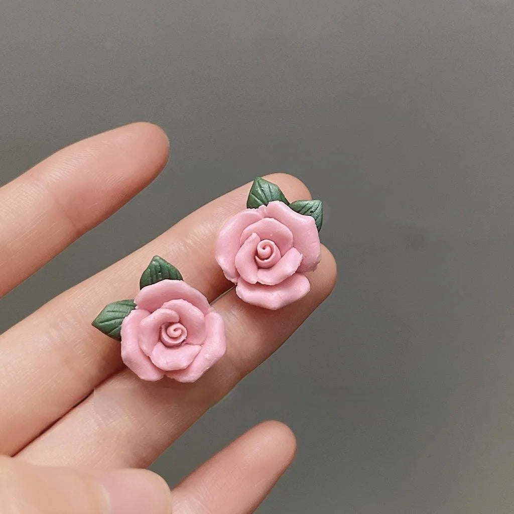 Pastoral Style Pink Ceramic Rose Flower Stud Earrings, Oil Painting Inspired Floral Jewelry