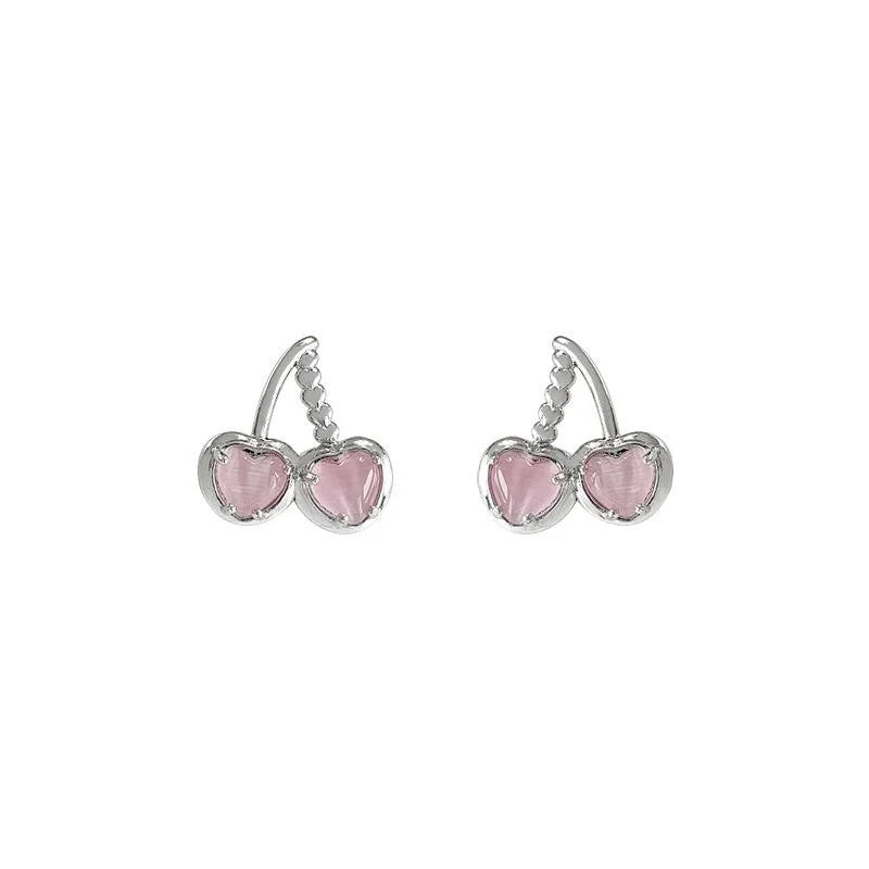 Sweet Cool Pink Glass Cat Eye Stone Cherry Stud Earrings Silver Plated Pins For Women