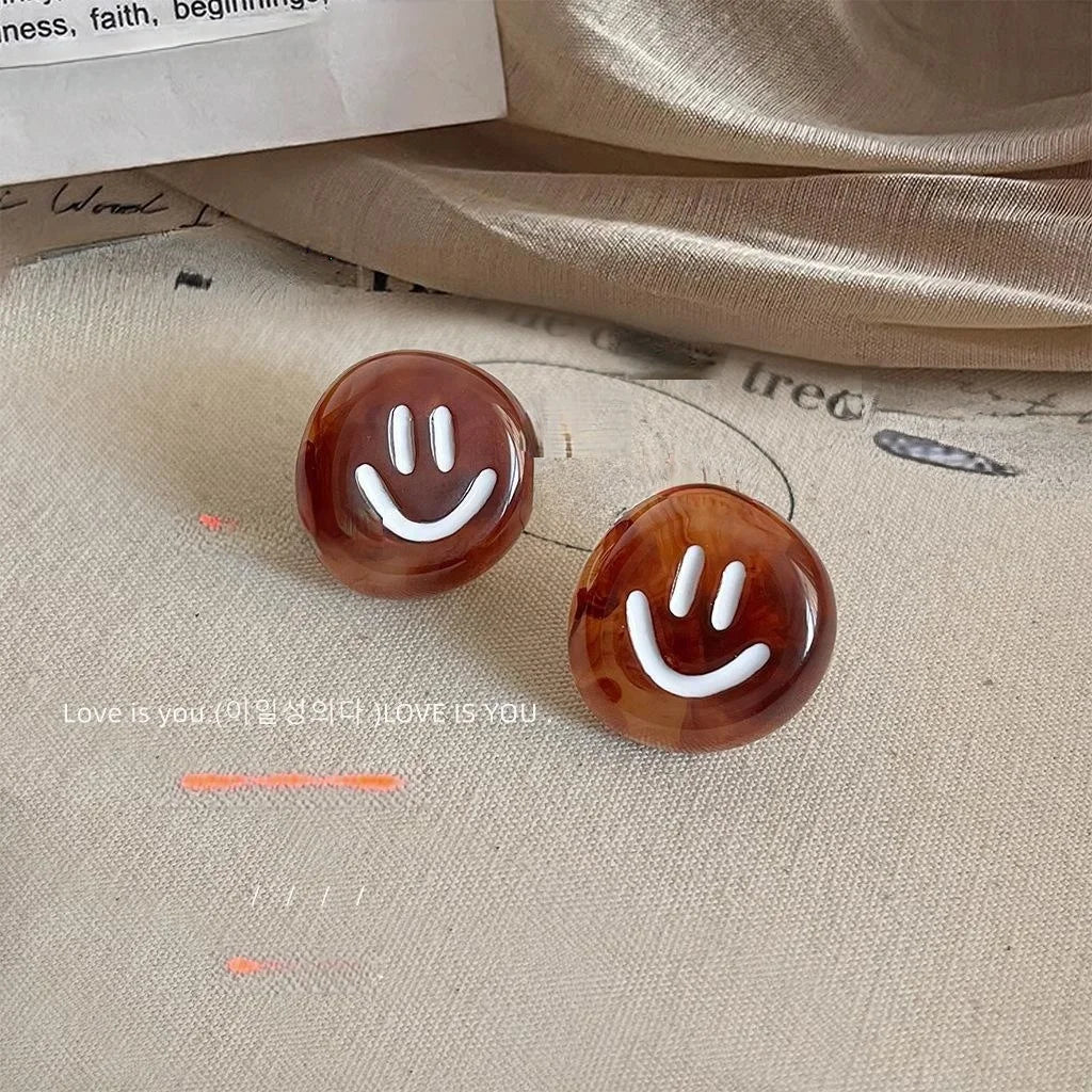 Maillard Style Brown Acrylic Smiley Round Stud Earrings For Women, Korean Autumn Winter Jewelry