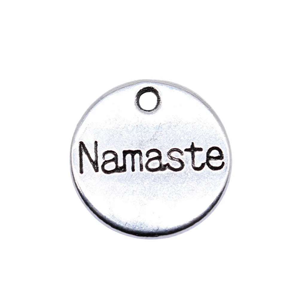 15x15mm 1.35g Zinc Alloy Round Namaste Word Tag Letter Charm Pendant for DIY Yoga Theme Jewelry Making