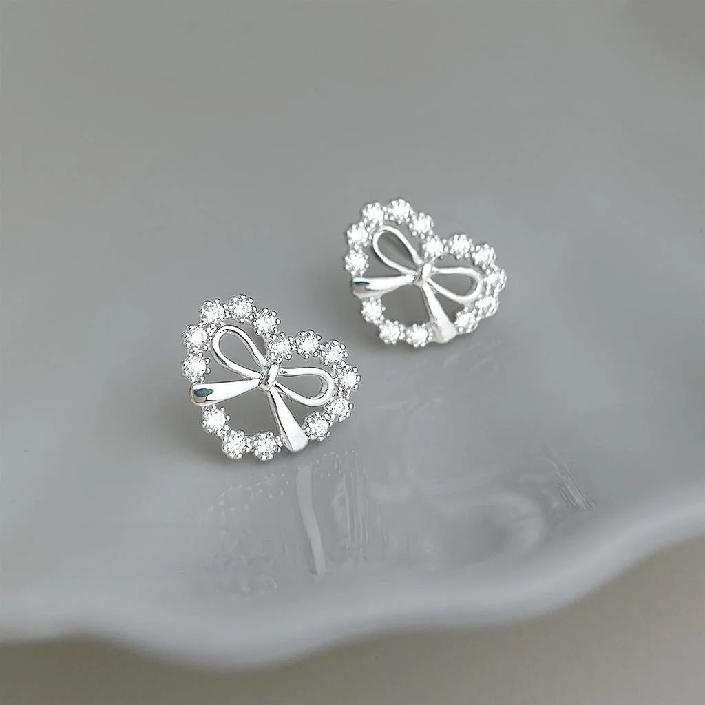 Sweet Bow Heart Zircon Copper Stud Earrings, Hollow Micro Pave Elegant Jewelry For Women