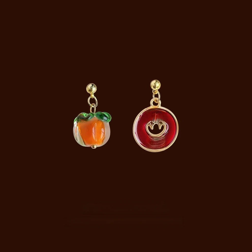 Handmade Chinese Style Asymmetrical Persimmon Ingot Glass Crystal Drop Earrings