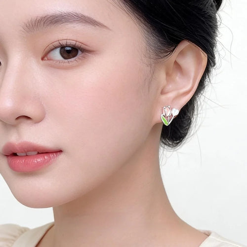 Sweet Asymmetric Tulip Flower Stud Earrings Copper Glass Cat Eye Stone Commuter Jewelry