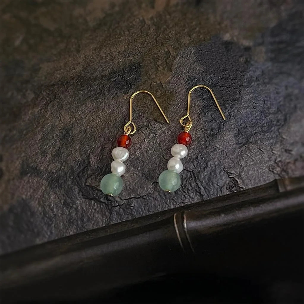 Vintage New Chinese Freshwater Pearl Red Agate Natural Stone Geometric Drop Earrings