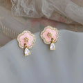 Original Plum Blossom Micro Pave Zircon 14K Plated Enamel Pink Flower Copper Drop Earrings