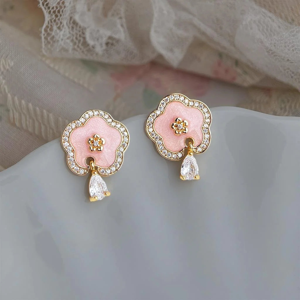 Original Plum Blossom Micro Pave Zircon 14K Plated Enamel Pink Flower Copper Drop Earrings