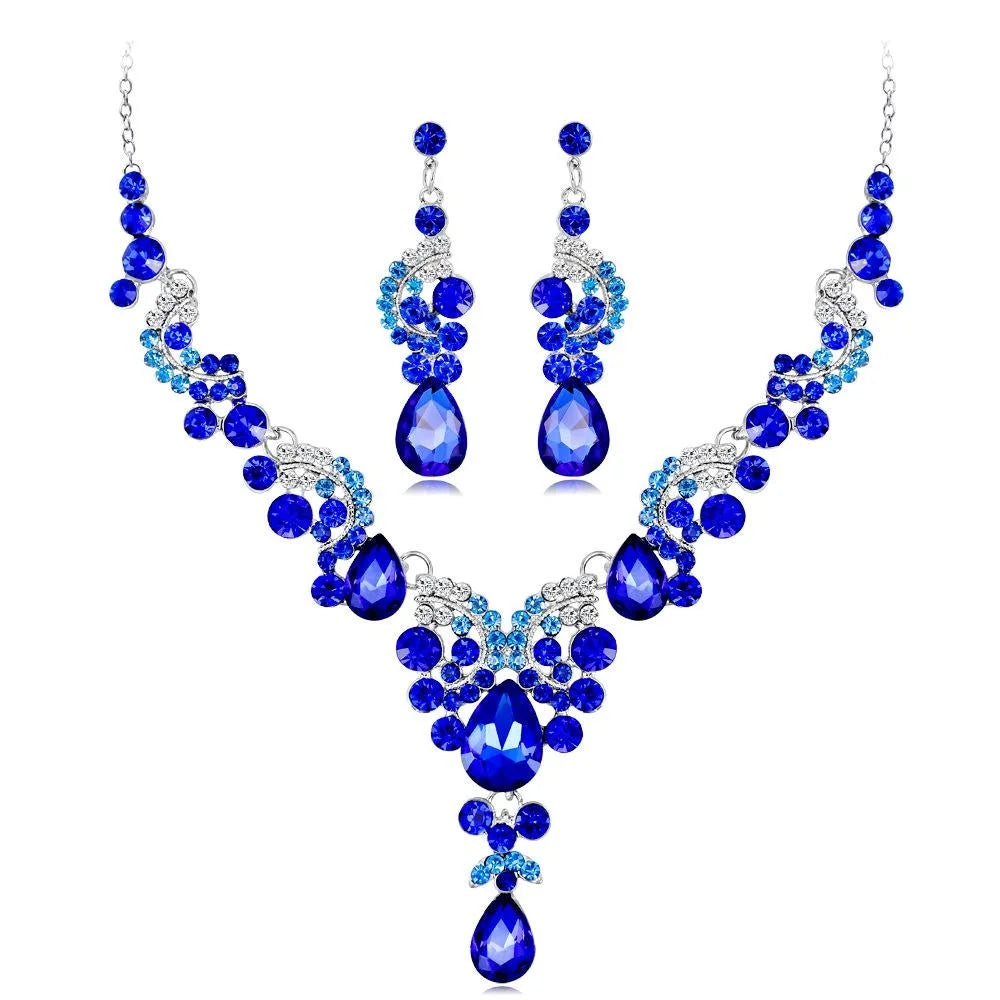 Luxury Blue Crystal Rhinestone Teardrop Necklace And Earrings Jewelry Set For Bridal Wedding Party Gift