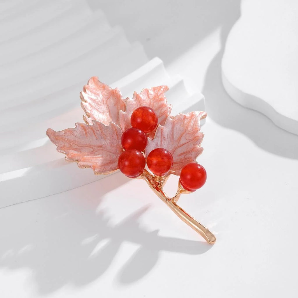 Vintage Alloy Maple Leaf Brooch With Red Berries, Elegant Autumn Leaf Lapel Pin Suit Accessory Gift