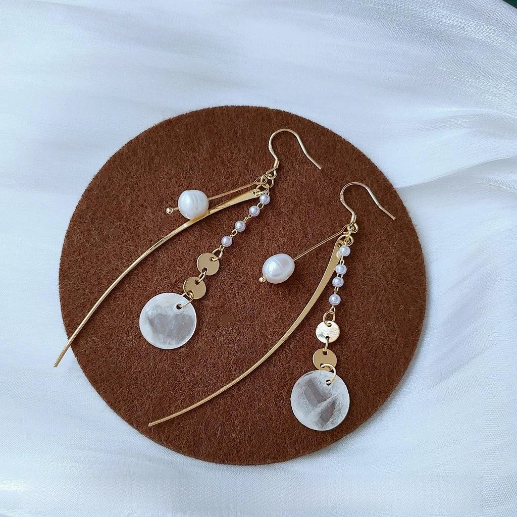 Handmade 14K Gold Plated Copper Natural Freshwater Pearl Shell Geometric Korean Drop Earrings