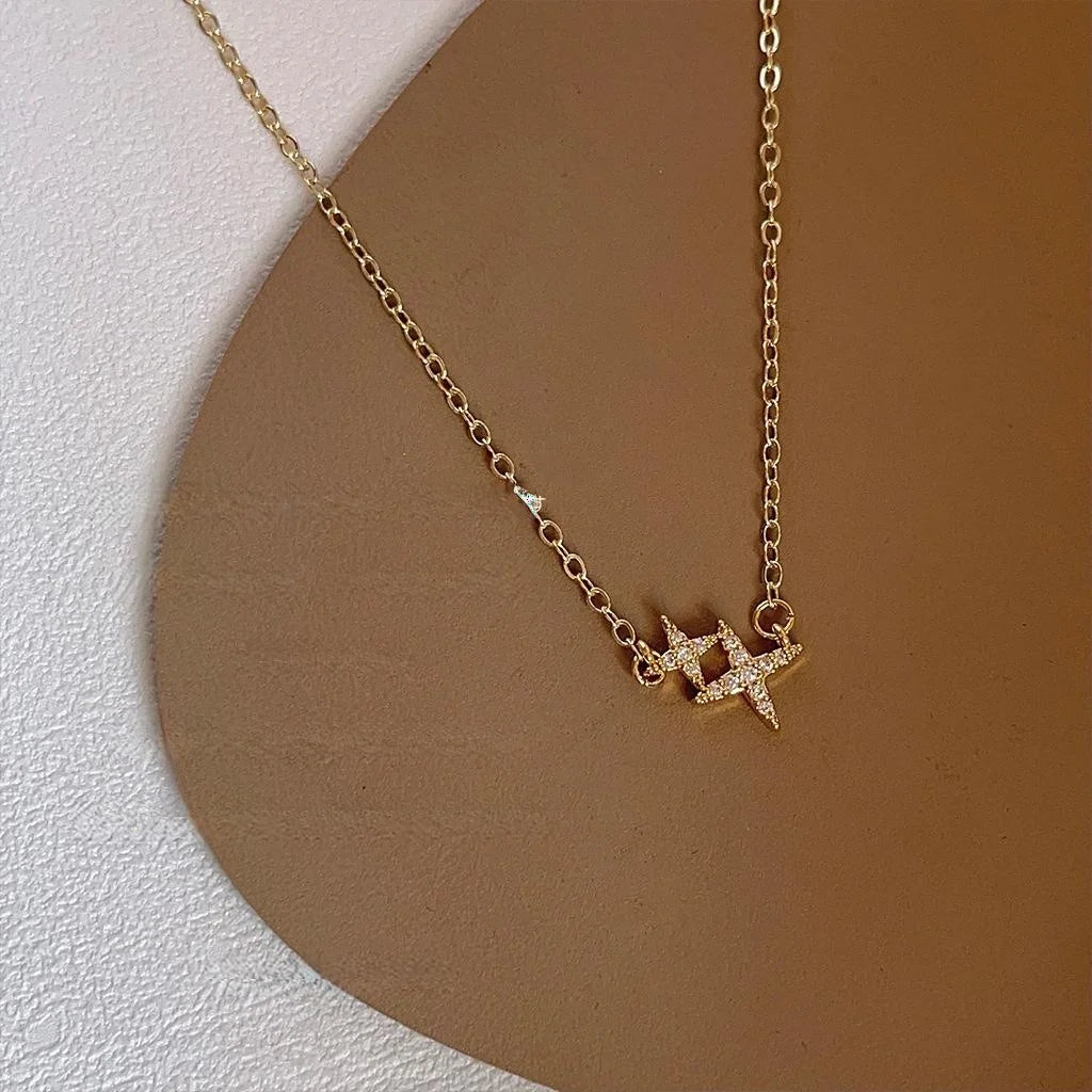 14K Gold Plated Copper Micro Pave Zircon Star Clavicle Necklace Korean Style Choker