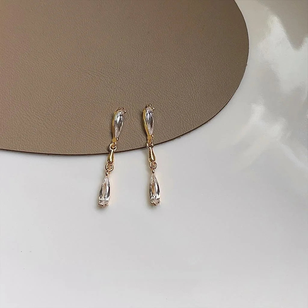 14K Plated Copper Zircon Waterdrop Tassel Stud Earrings Sweet Geometric Line Jewelry