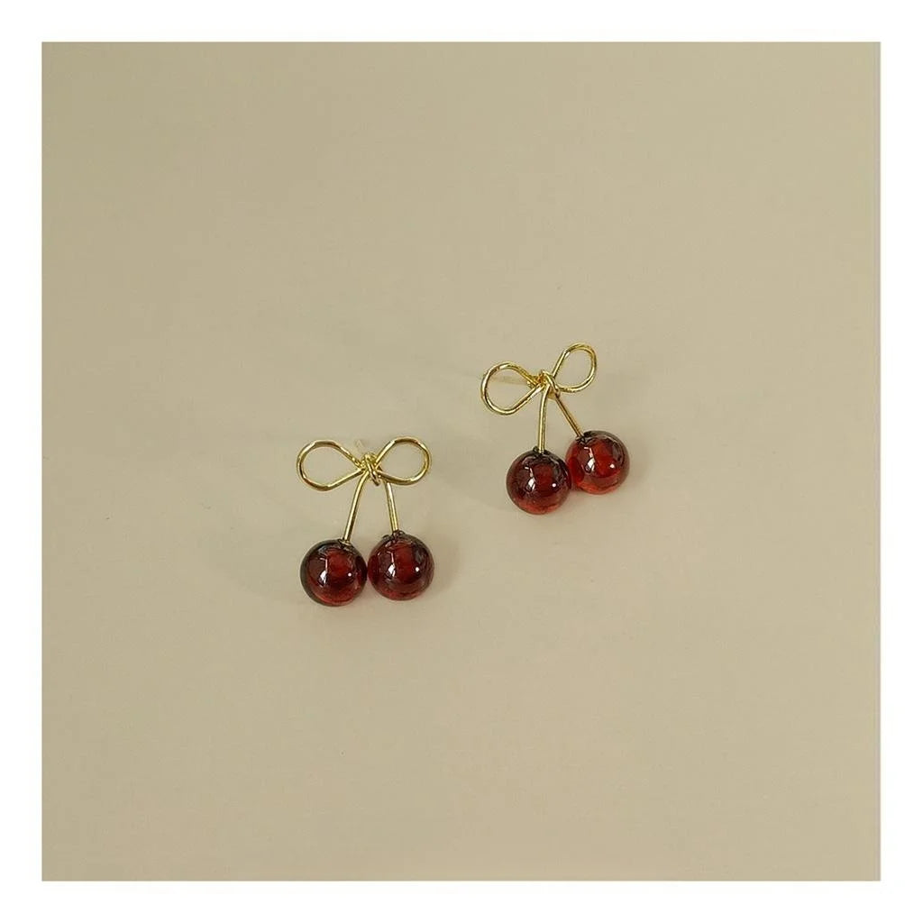 14K Gold Plated Garnet Small Cherry Stud Earrings Vintage French Korean Style Jewelry