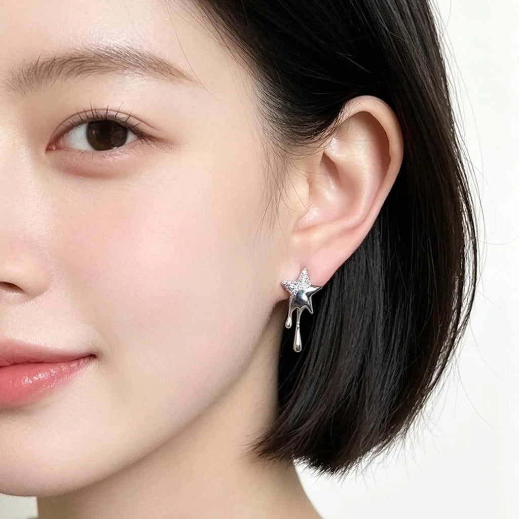 Silver Plated Copper Zircon Five Point Star Stud Earrings Minimalist Sweet Cool Jewelry