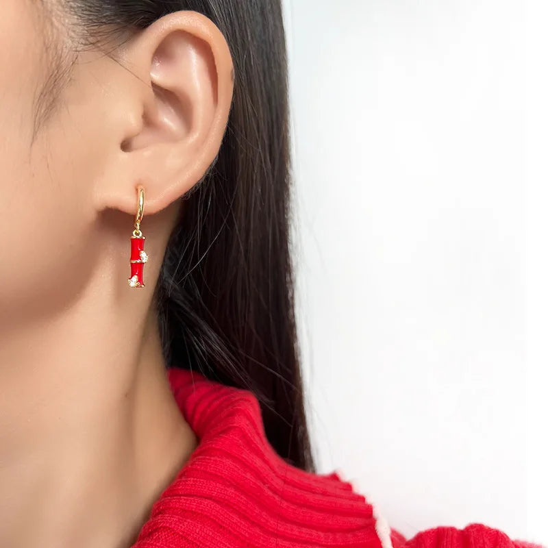 Elegant Red Enamel Bamboo Dangle Stud & Clip On No Piercing Alloy Zircon Oriental Earrings
