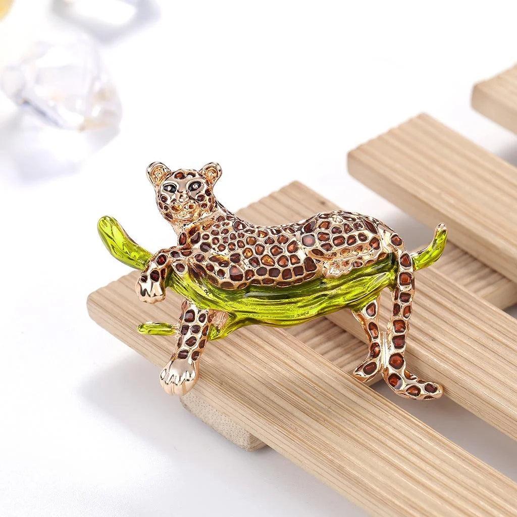 Elegant Enamel Leopard On Branch Brooch, Rhinestone Alloy Animal Lapel Pin Corsage Suit Accessory Gift
