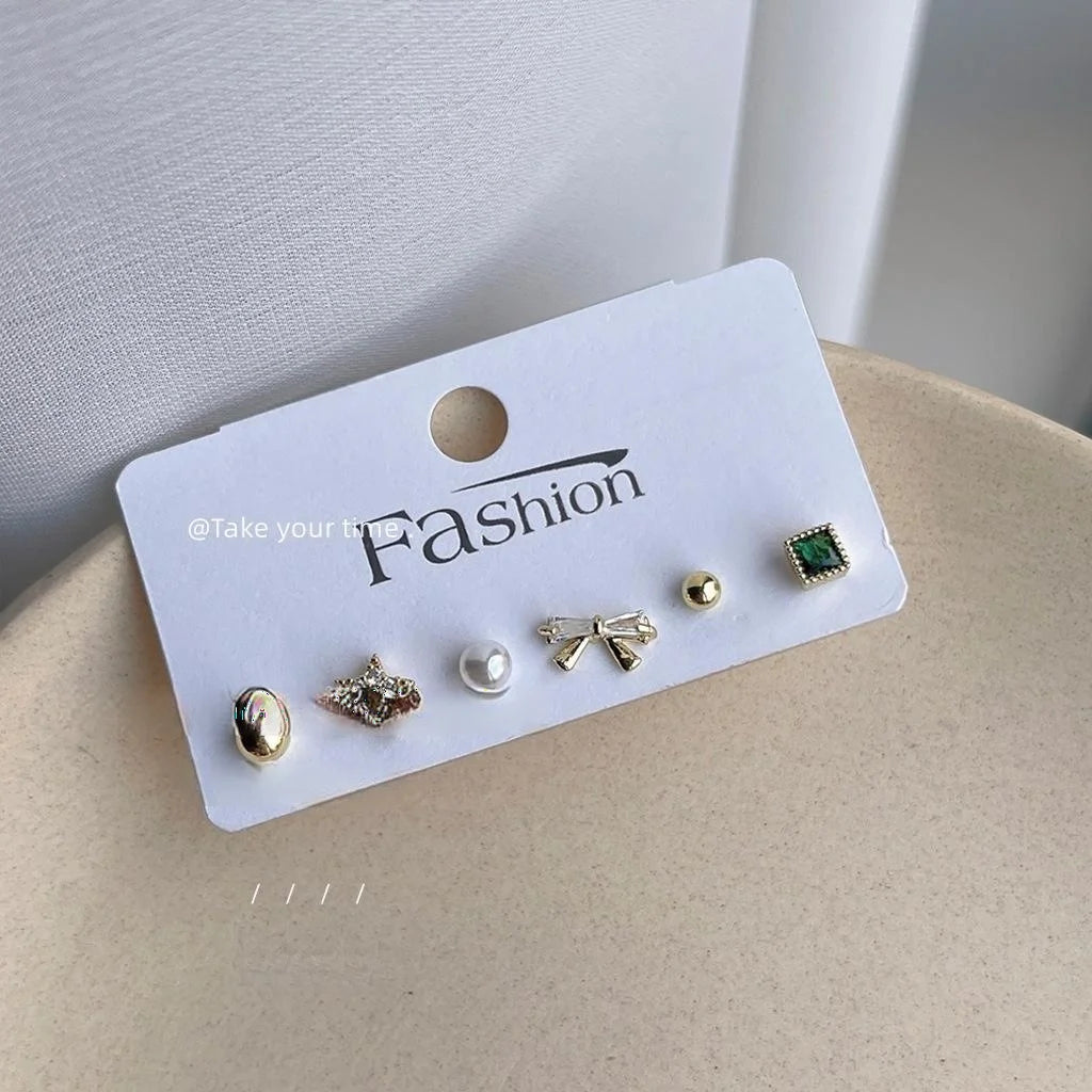 6 Piece 14K Gold Plated Copper Micro Pave Zircon Geometric Round Stud Earrings