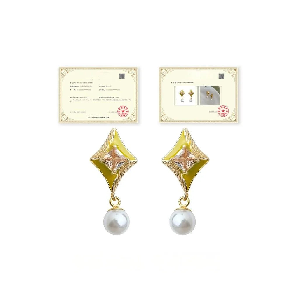 Old Money Style Geometric Round Square Drop Earrings, Enamel Pearl Zircon Silver Plated Pin