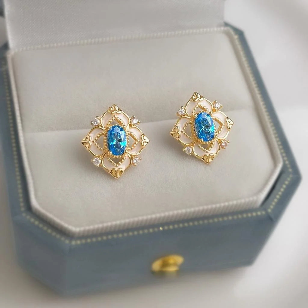Light Luxury Aquamarine Enamel Floral Geometric Zircon Copper Stud Earrings