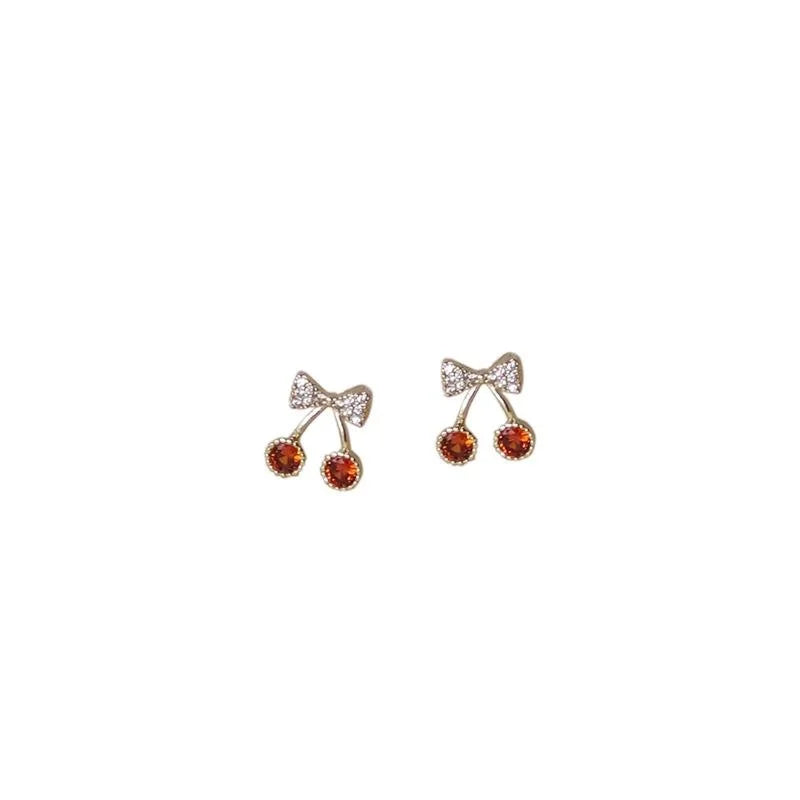 14K Gold Plated Copper Mini Cherry Stud Earrings With Micro Pave Zircon Simple Korean Style