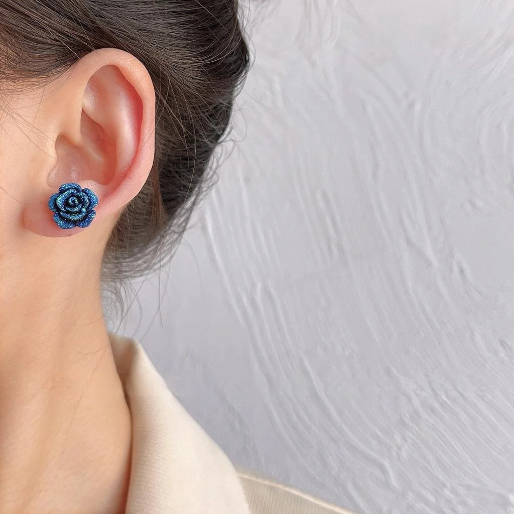 French Vintage Blue Rose Resin Stud Earrings, Frosted Glitter Floral Jewelry
