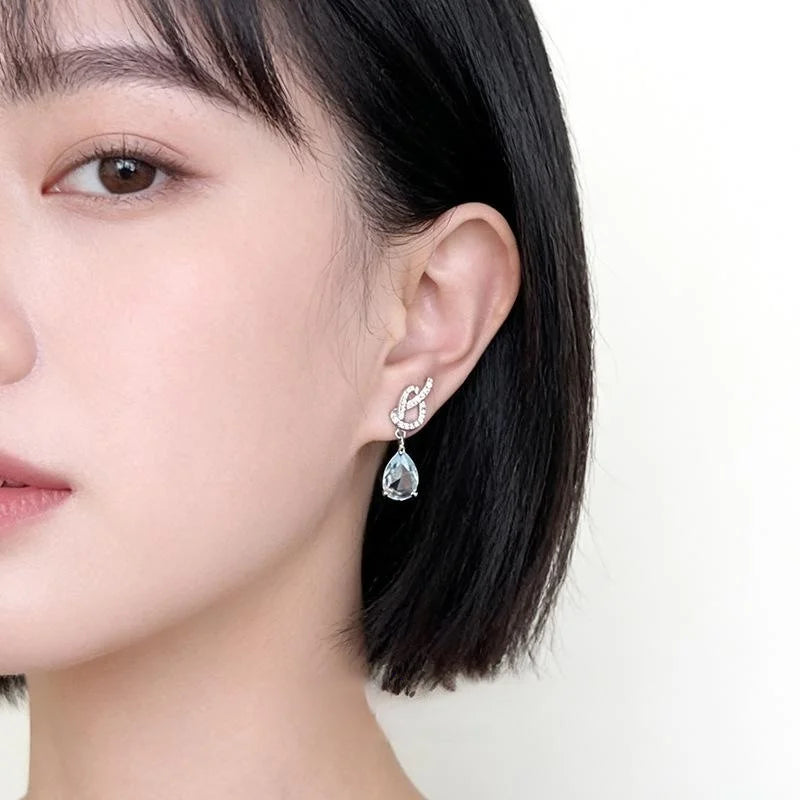 Light Luxury Copper Zircon Aquamarine Rope Knot Teardrop Drop Earrings