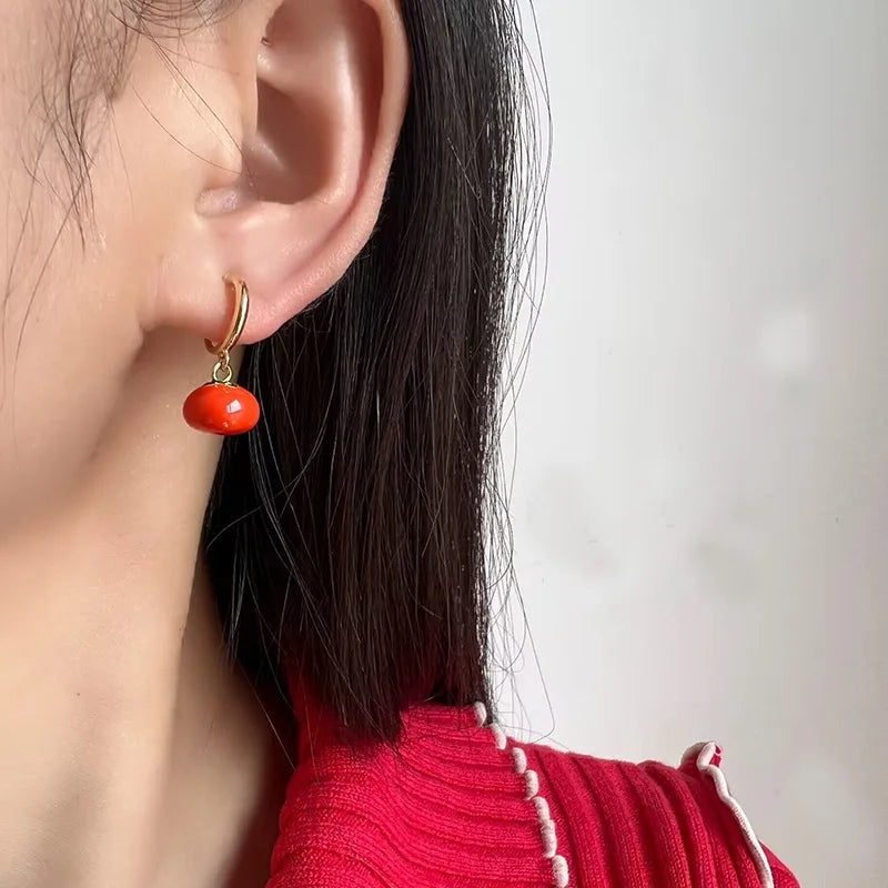 Vintage Chinese Persimmon Fruit Enamel Alloy Dangle Hoop Stud & Clip On No Piercing Earrings