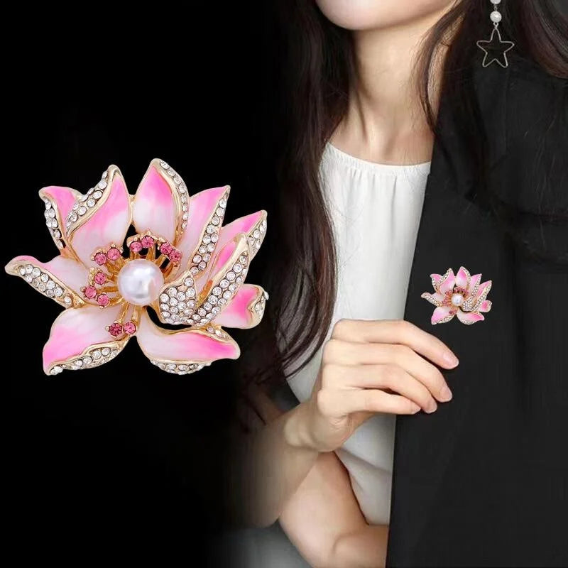 Elegant Enamel Lotus Flower Brooch With Pearl Rhinestones, Chinese Style Lapel Pin Corsage Gift For Qipao