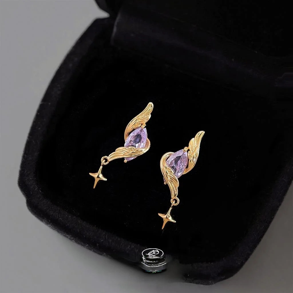 Light Luxury Purple Zircon Star Wing Stud Earrings Copper Silver Plated Geometric Jewelry