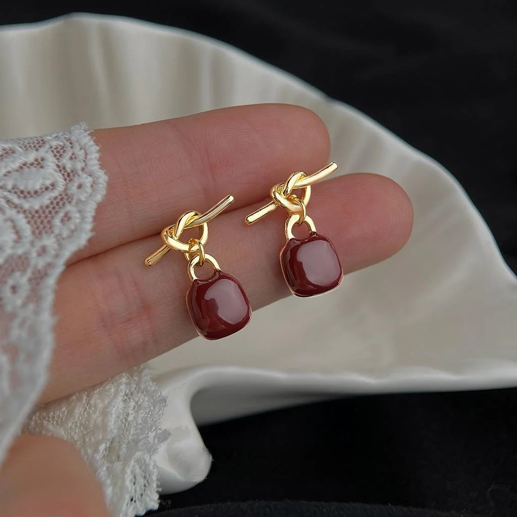 Burgundy Enamel Rope Knot Heart Bow Drop Earrings Copper Hong Kong Style Designer Jewelry