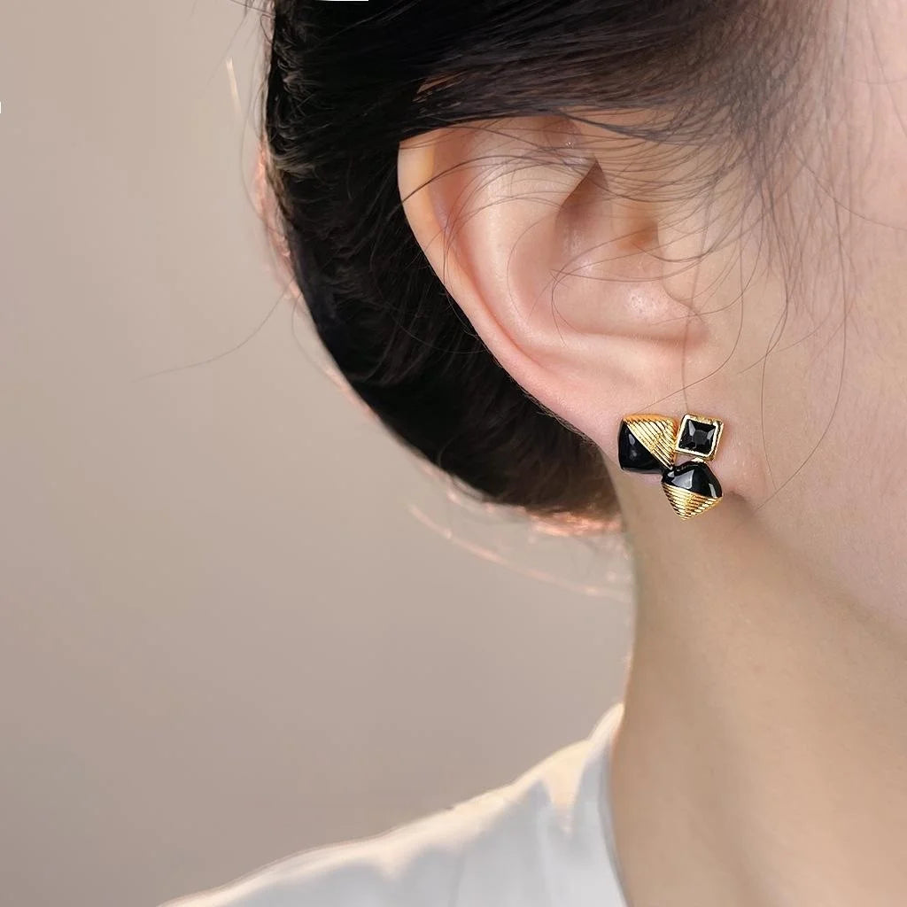 Premium Copper Black Enamel Geometric Zircon Square Stud Earrings
