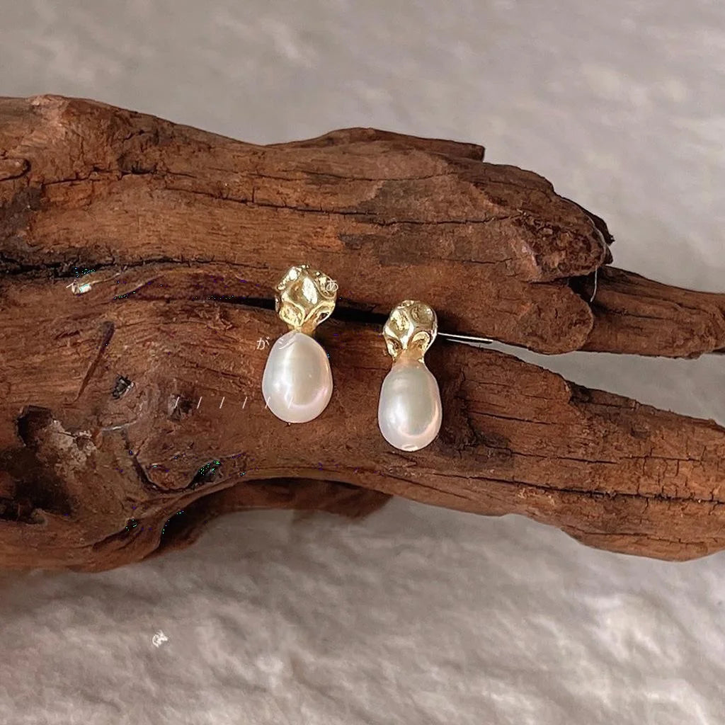 Baroque Irregular Freshwater Pearl Stud Earrings 14K Gold Plated Minimalist Jewelry