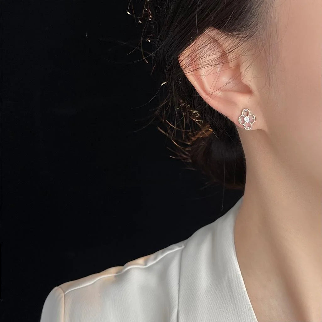 Light Luxury Silver Plated Copper Micro Pave Zircon Hollow Flower Leaf Stud Earrings For Women