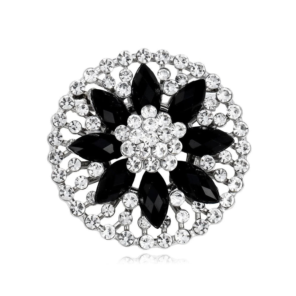 Elegant Black Flower Rhinestone Alloy Brooch, Sparkling Round Lapel Pin Corsage For Suit Accessory Gift