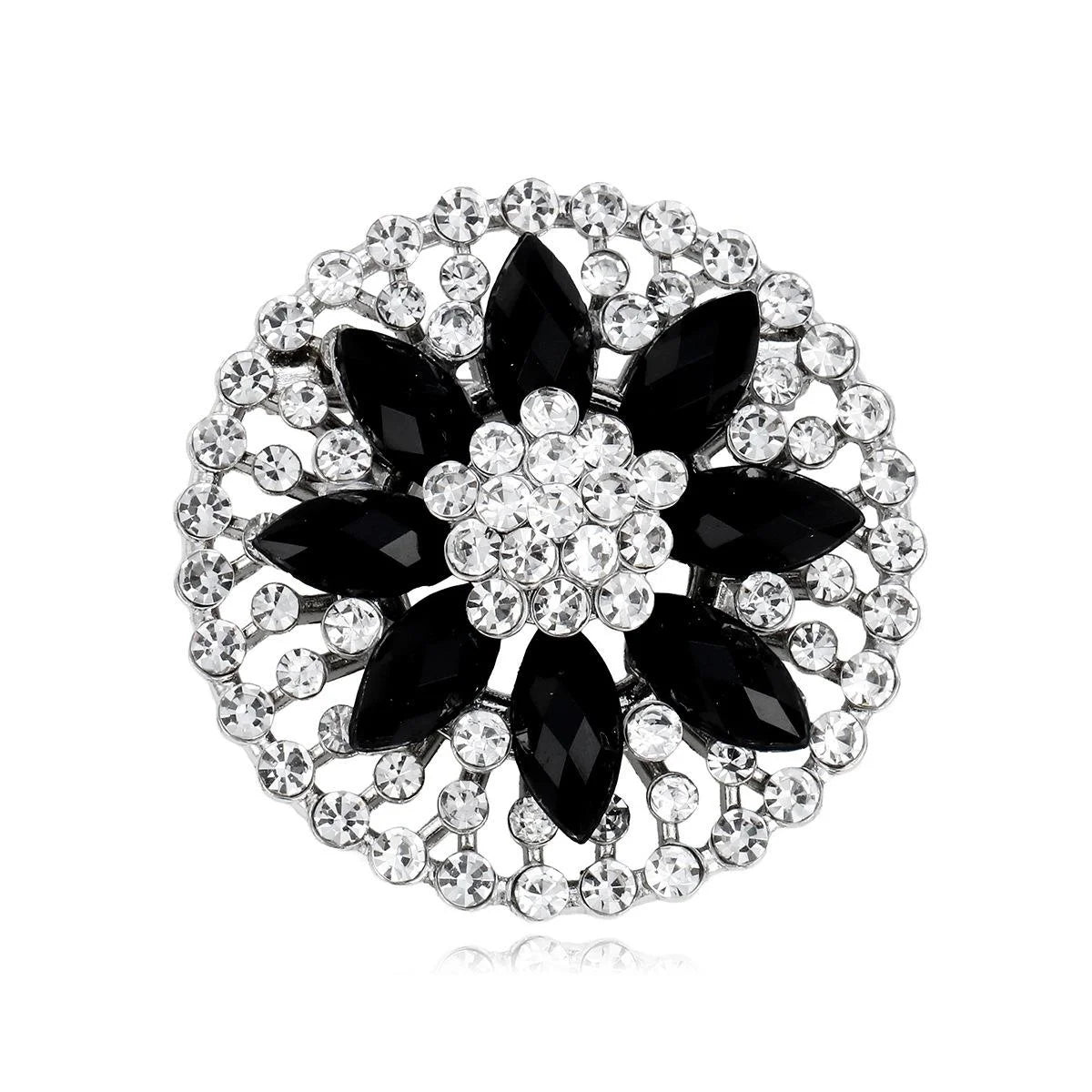 Elegant Black Flower Rhinestone Alloy Brooch, Sparkling Round Lapel Pin Corsage For Suit Accessory Gift