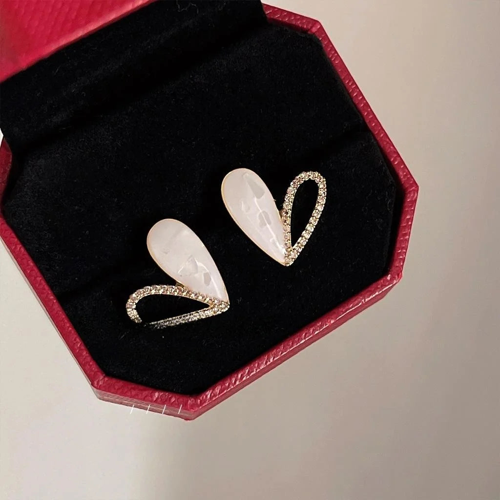 French Vintage Copper Heart Stud Earrings, Micro Pave Zircon Enamel Hollow Design