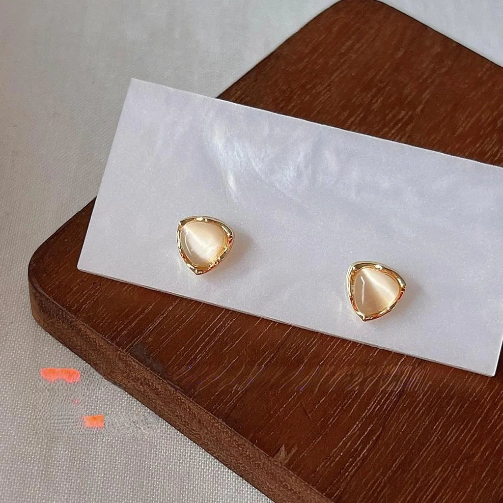 14K Gold Plated Copper Triangle Glass Cat Eye Stud Earrings With Silver Plated Posts
