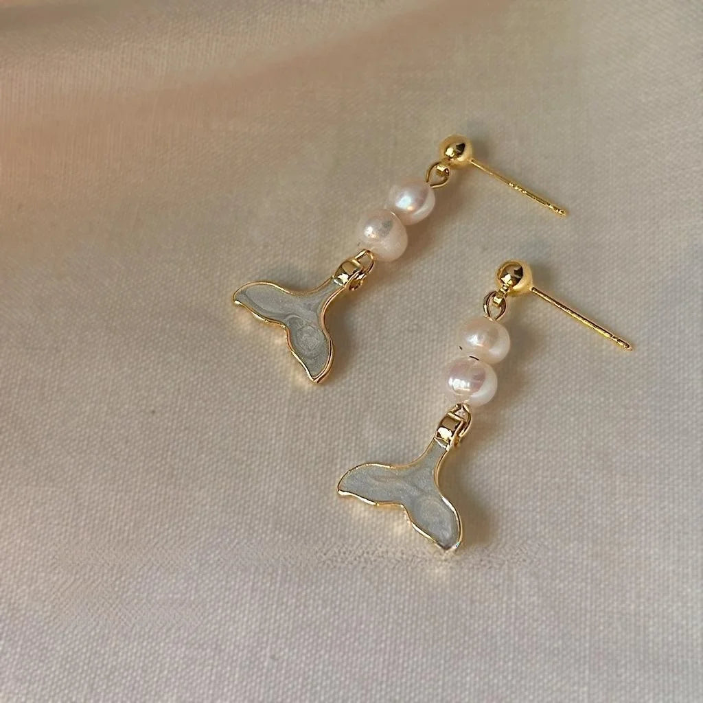 14K Gold Plated Freshwater Pearl Fishbone Stud Earrings Handmade Geometric Style Jewelry