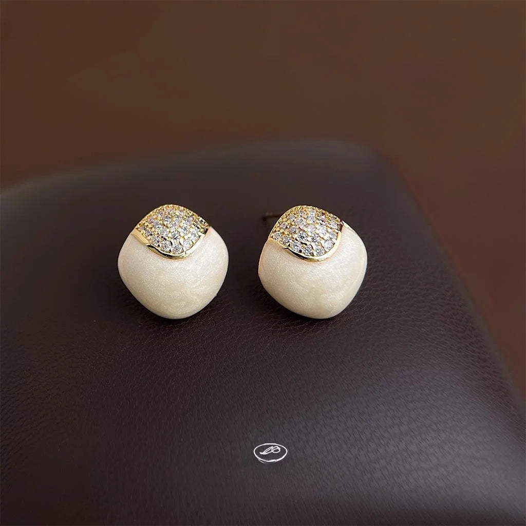Light Luxury Milky White Geometric Square Zircon Pave Silver Plated Copper Stud Earrings