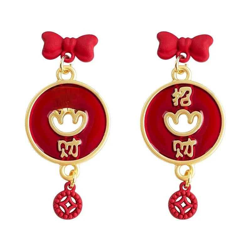 Year Of Horse Chinese Style Red Enamel Copper Ingot Bow Geometric Drop Earrings