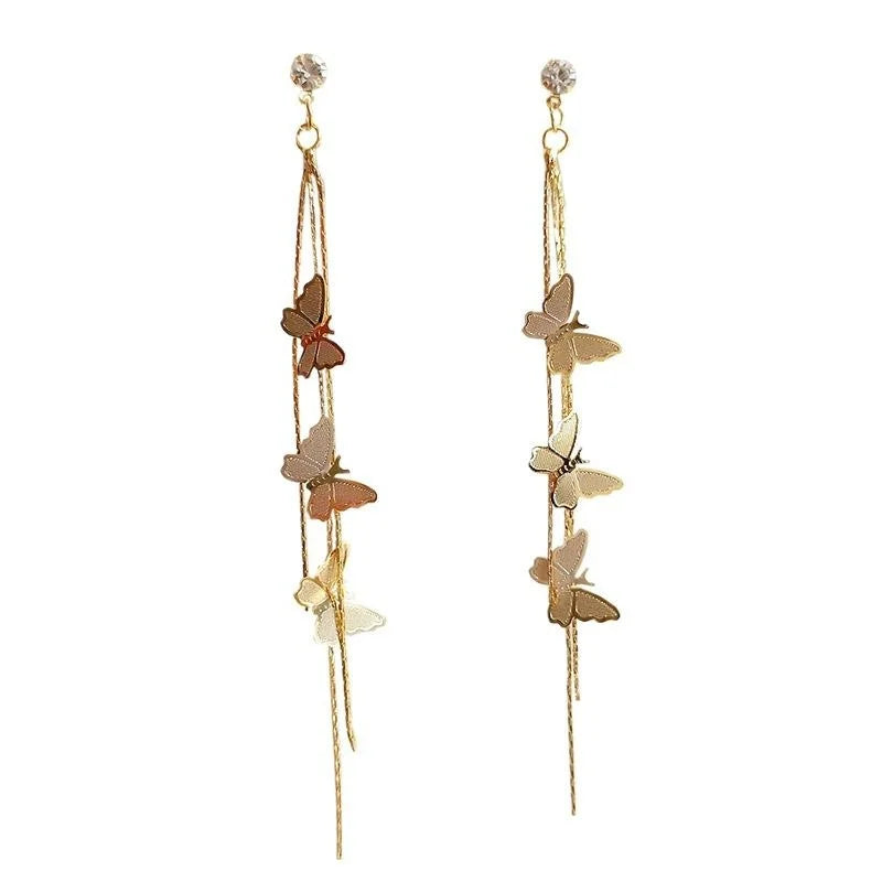 14K Gold Plated Copper Long Butterfly Tassel Stud Earrings For Women Forest Style